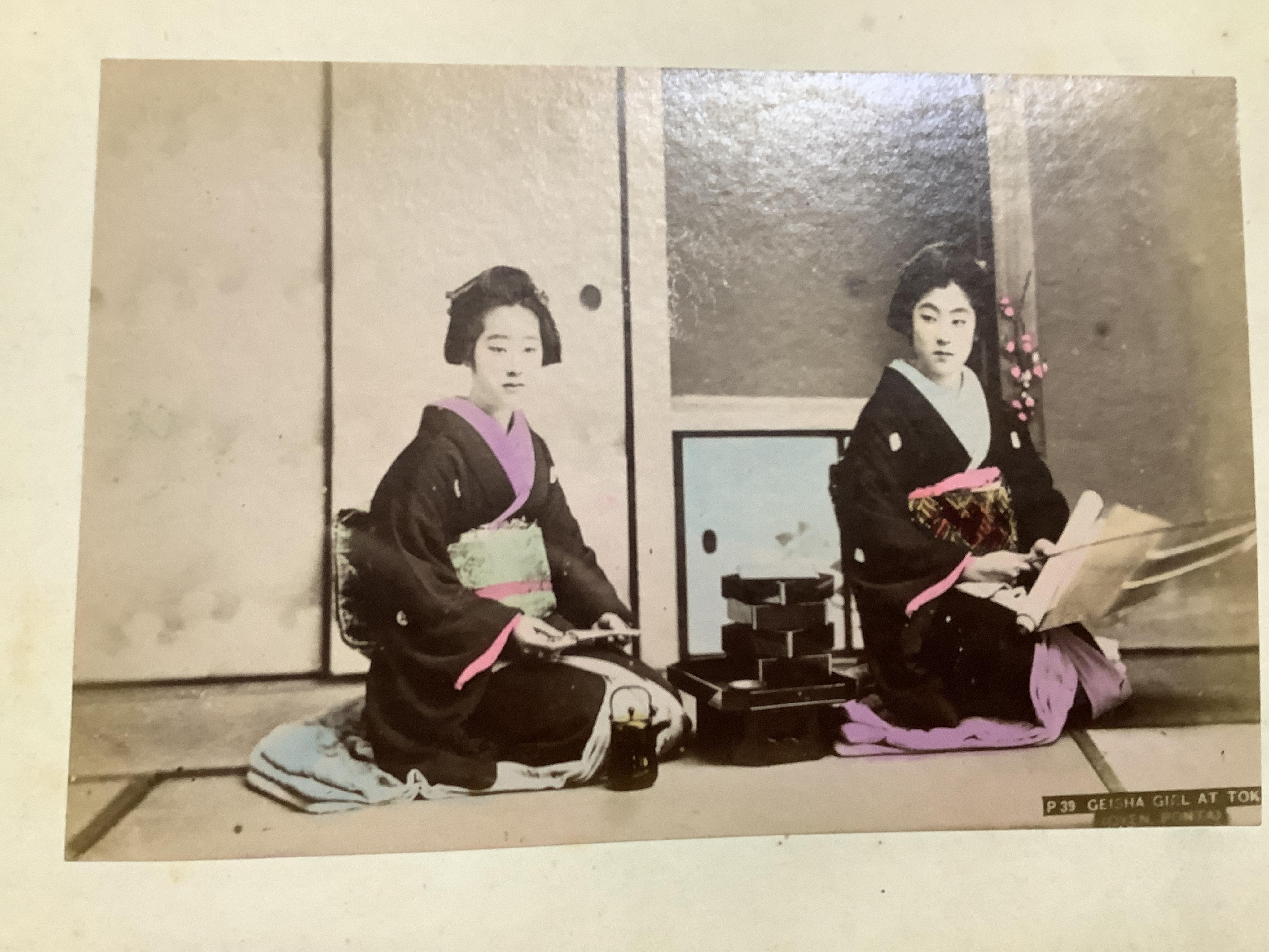 An early 20th century Japanese bone inlaid lacquer photograph album containing coloured photographs of people and Japanese scenes.19.5cm wide x 15.5cm high